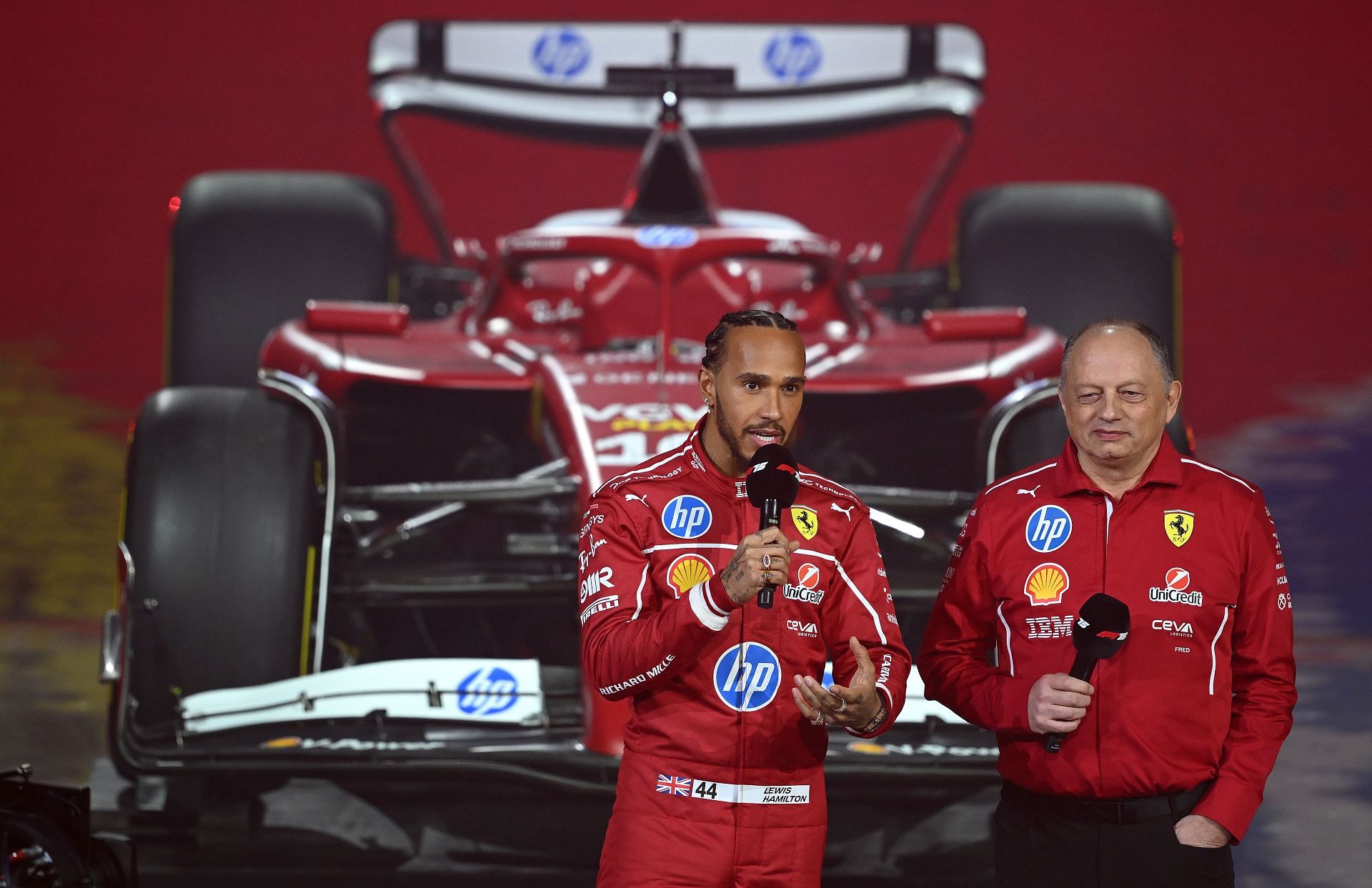 Lewis Hamilton with Ferrari team principal Fred Vasseur at F1 75 Live - Show - Source: Getty